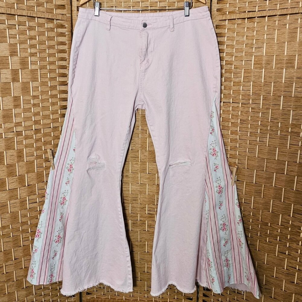 Upcycled Boho Distressed Flare Jeans Pink Floral 3X